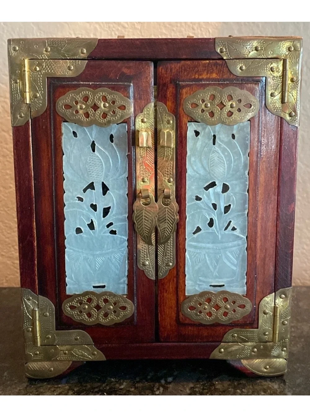 Antique Chinese Rosewood Jade Inlay Brass Hardware Wooden Jewelry Box